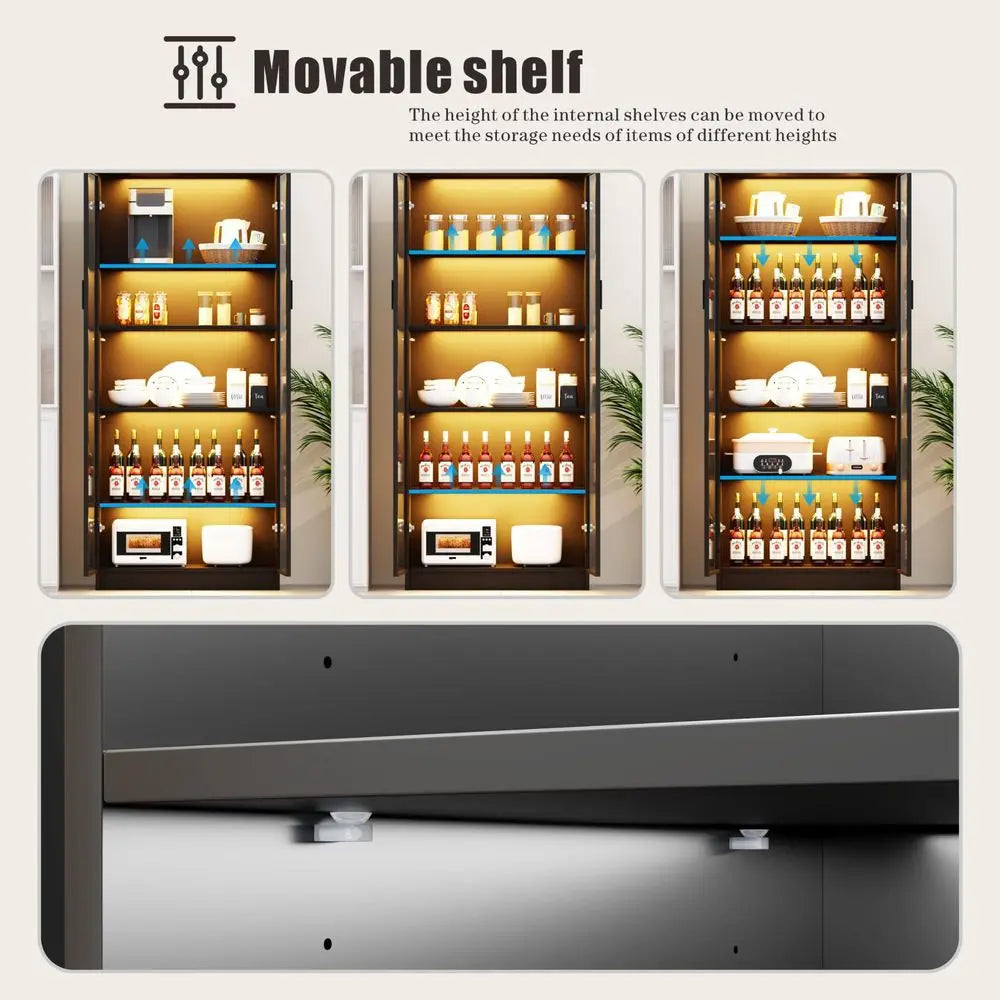 Vitrina de pie negra con puerta de vidrio y estantes, con iluminación LED interior