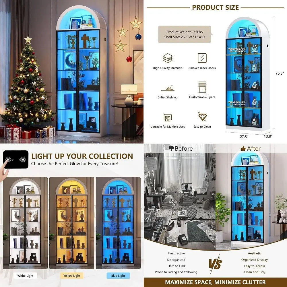 Vitrina de arco blanca con puertas ahumadas y luces LED azules; panel con medidas