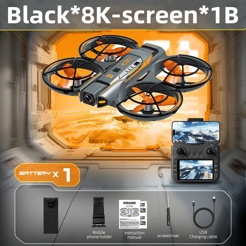 Quadcopter negro con 4 rotores y control remoto, pantalla 8K