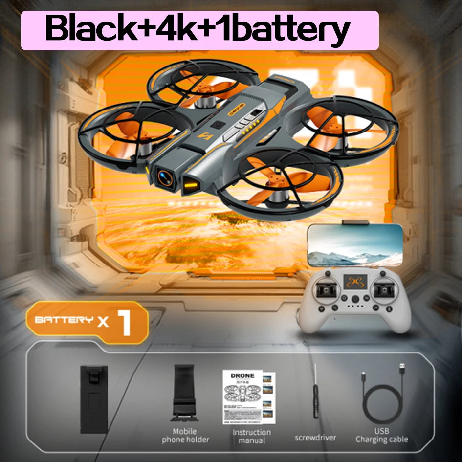 Quadcopter negro con 4 rotores y mando claro, pantalla 4K