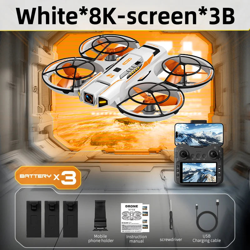 Quadcopter blanco con 4 rotores y control remoto, pantalla 8K, batería x3