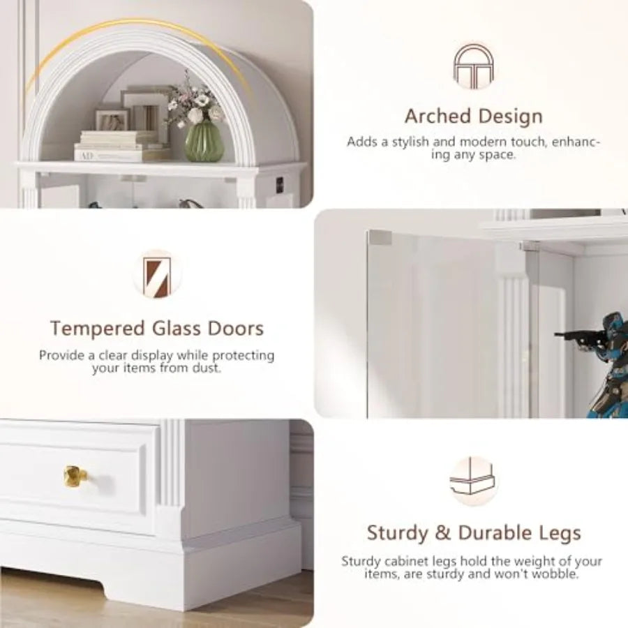 Arched display cabinet for living room, tempered glass doors, white finish, human sensor LED lights, 4-tier curio cabinet for c