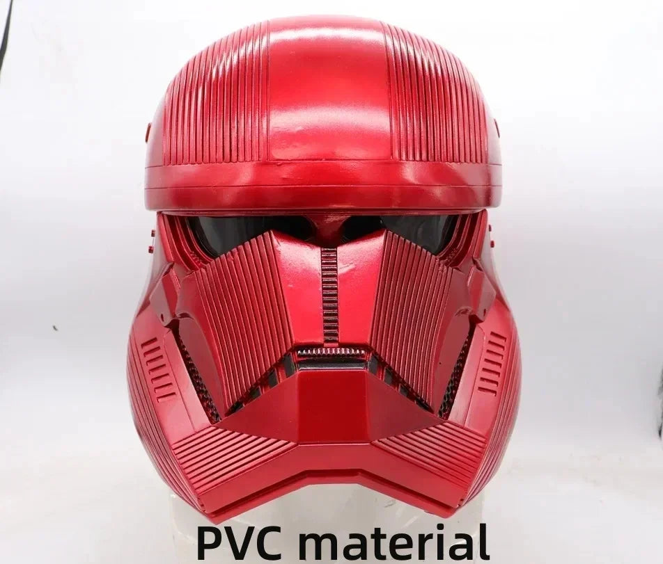 Casco Mandaloriano rojo con visera negra y armadura frontal con ranuras