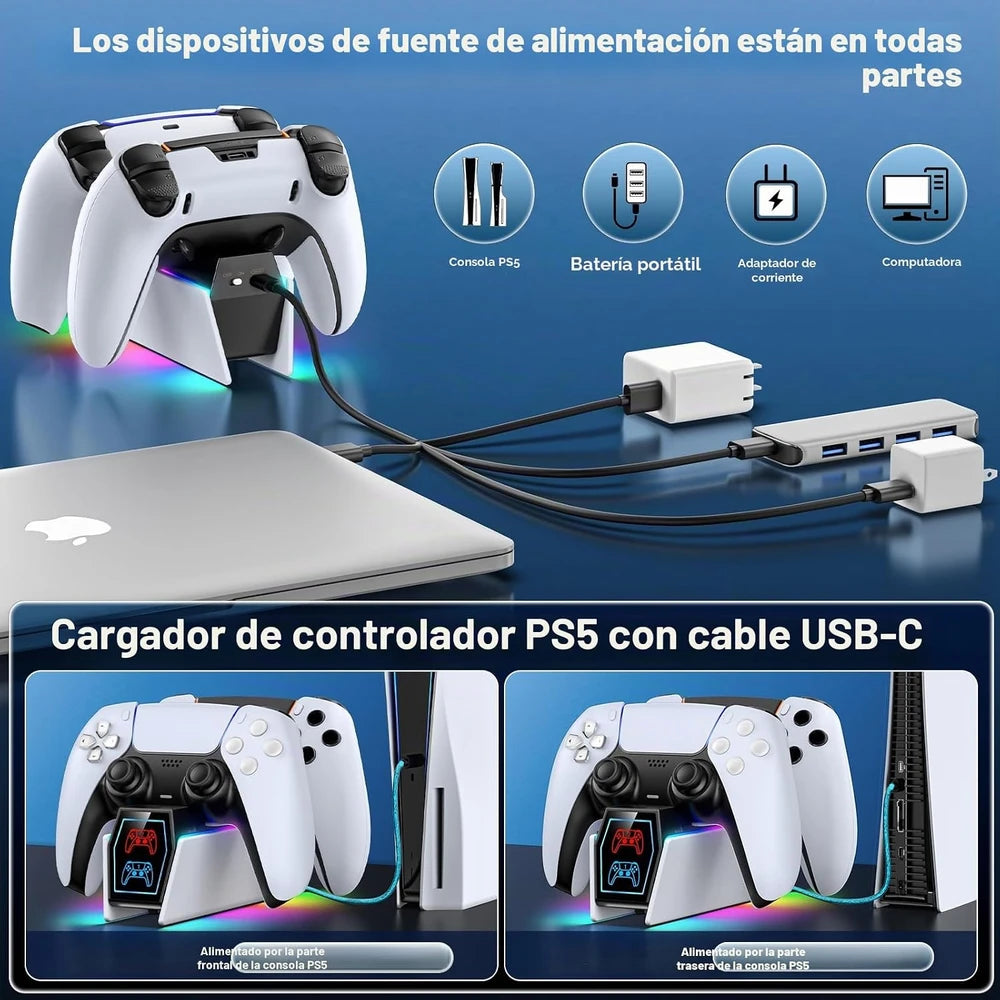 OIVO Cargador Mando PS5, 2H Rápido Base de Carga para PlayStation 5 DualSense, Estación de Carga Mando PS5 con 2 Tipos de Cable, Cargador PS5 para Mando PS5