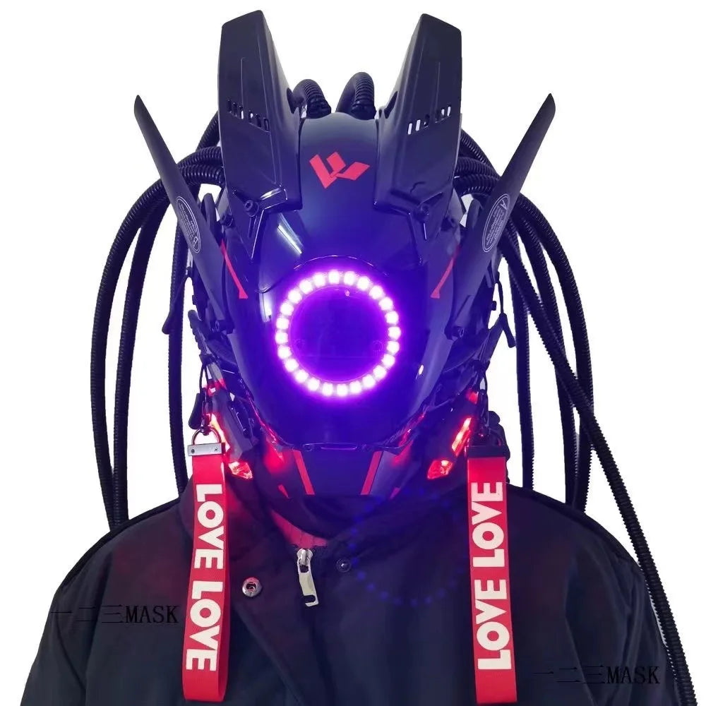 Máscara cyberpunk de rostro completo, casco futurista negro con luces LED moradas