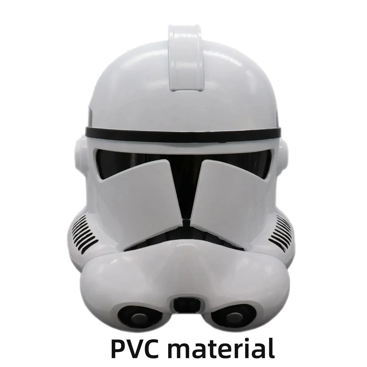 Casco Mandalorian de PVC blanco con detalles grises, visera negra y ranuras laterales