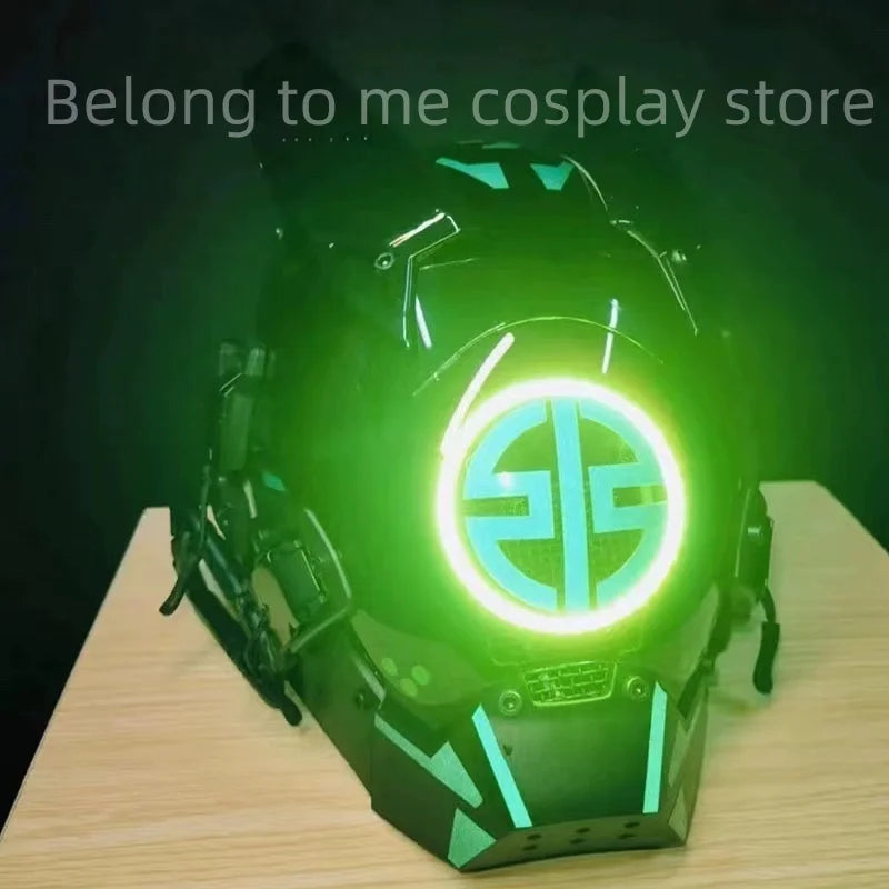 Máscara cyberpunk de rostro completo, casco futurista con luz LED verde brillante en el centro