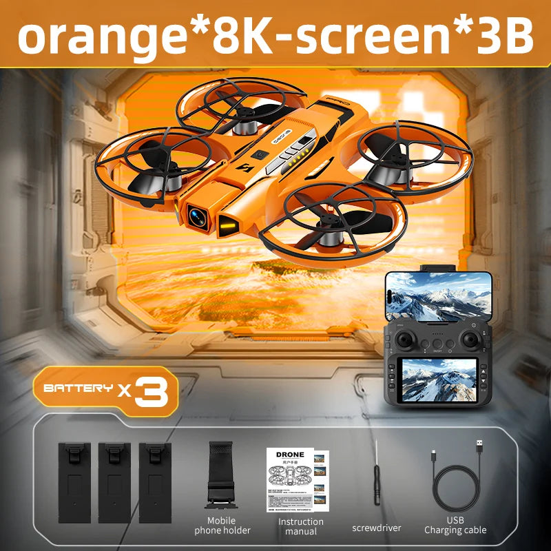 Kit de cuadricóptero naranja con pantalla y tres baterías