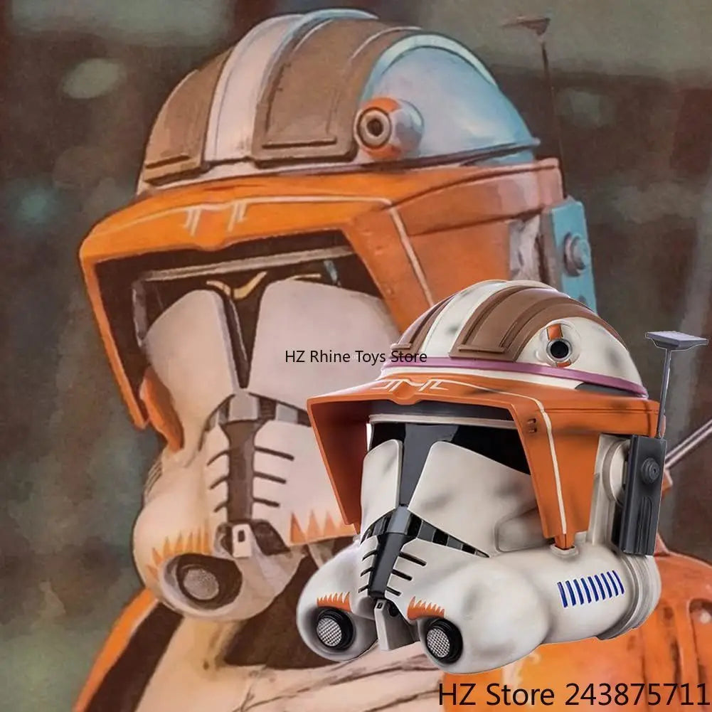 Casco de cosplay de soldado naranja con visor circular y detalles blancos, resina.