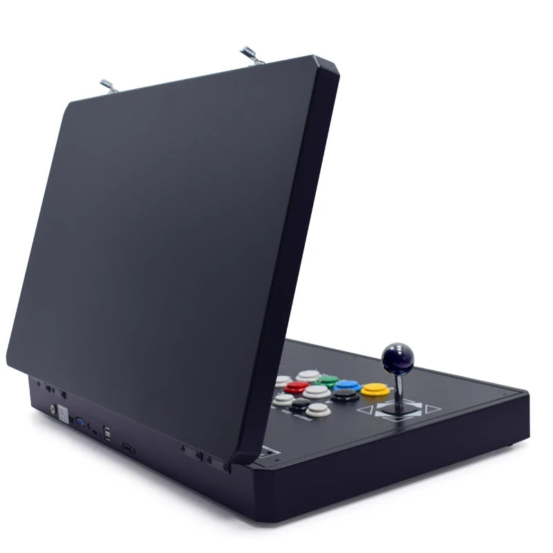 Consola arcade LCD portátil de sobremesa negra, con joystick y botones de colores