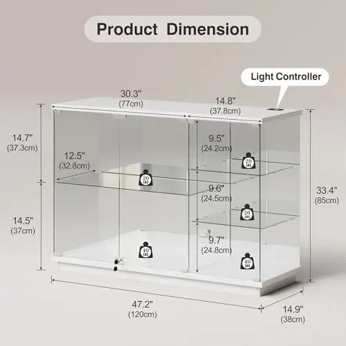 RGB Glass Display Cabinet with Lock for & Glass Shelves Collectibles, White | High Gloss Curio Cabinet Sideboard with