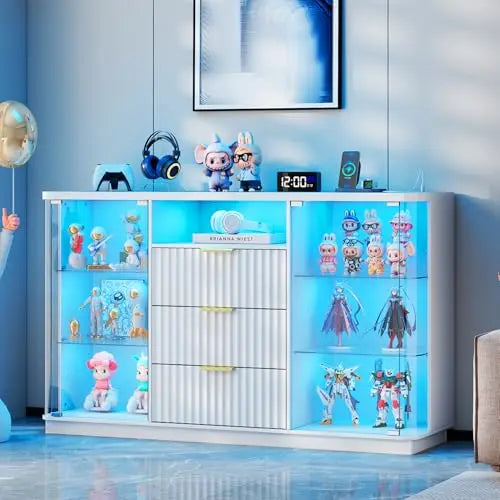 Vitrina de cristal RGB con cerradura para coleccionables y estantes de cristal, blanca | Aparador vitrina de alto brillo con