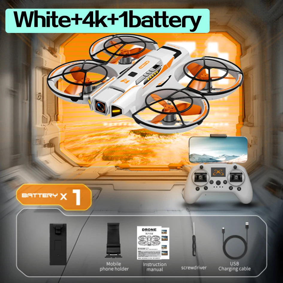 Quadcopter blanco con 4 rotores y mando gris, pantalla 4K