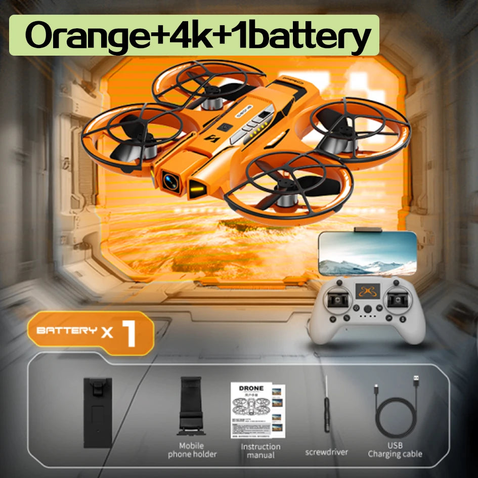 Quadcopter naranja con 4 rotores y mando blanco, pantalla 4K