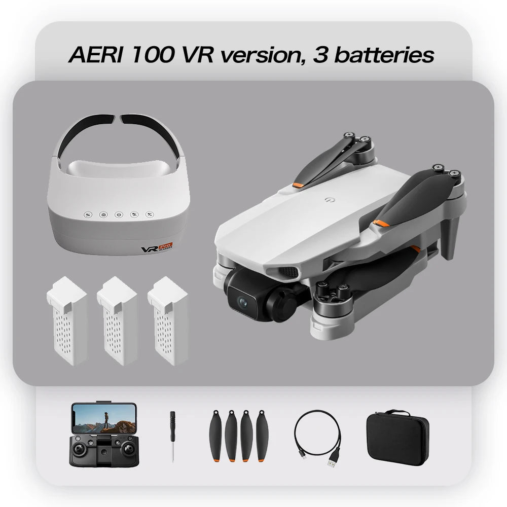Kit dron Aeri 100 VR con 3 baterías: dron blanco, gafas VR y accesorios
