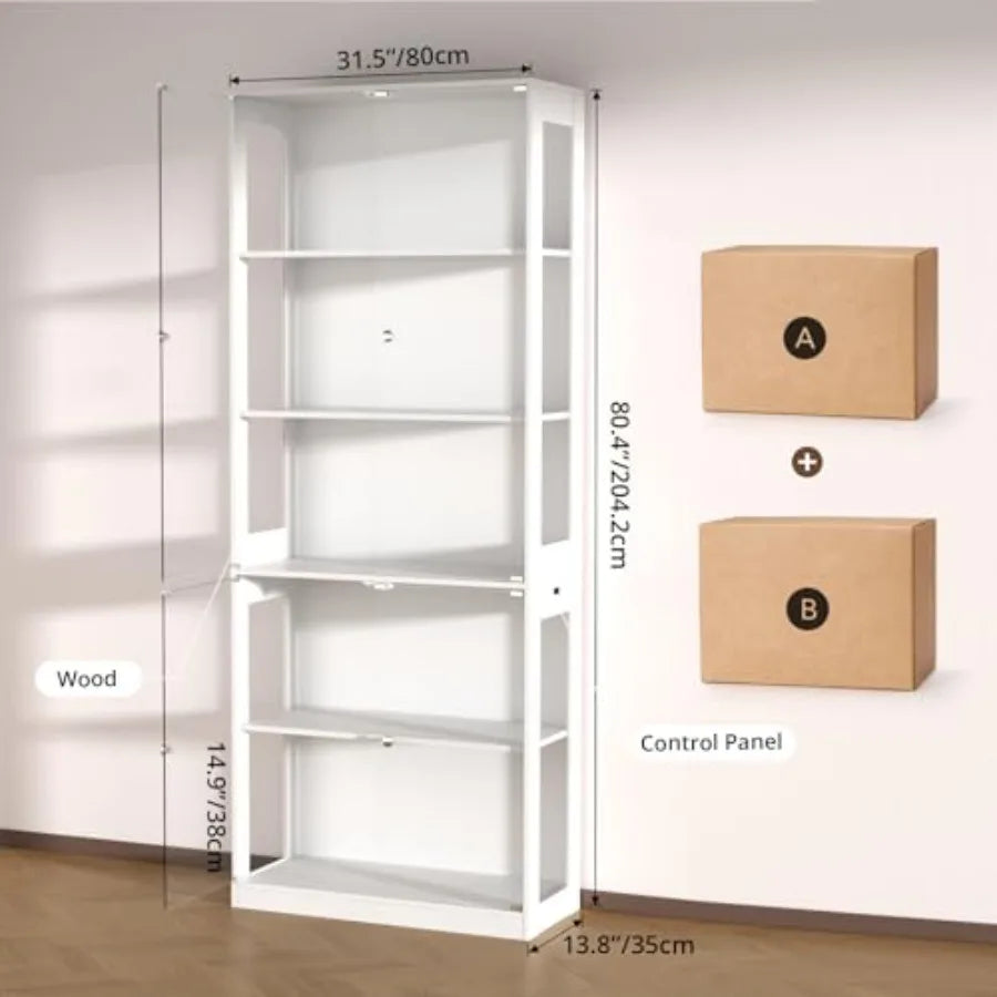 Vitrina blanca con puerta abatible y estantes ajustables, vista interior con medidas