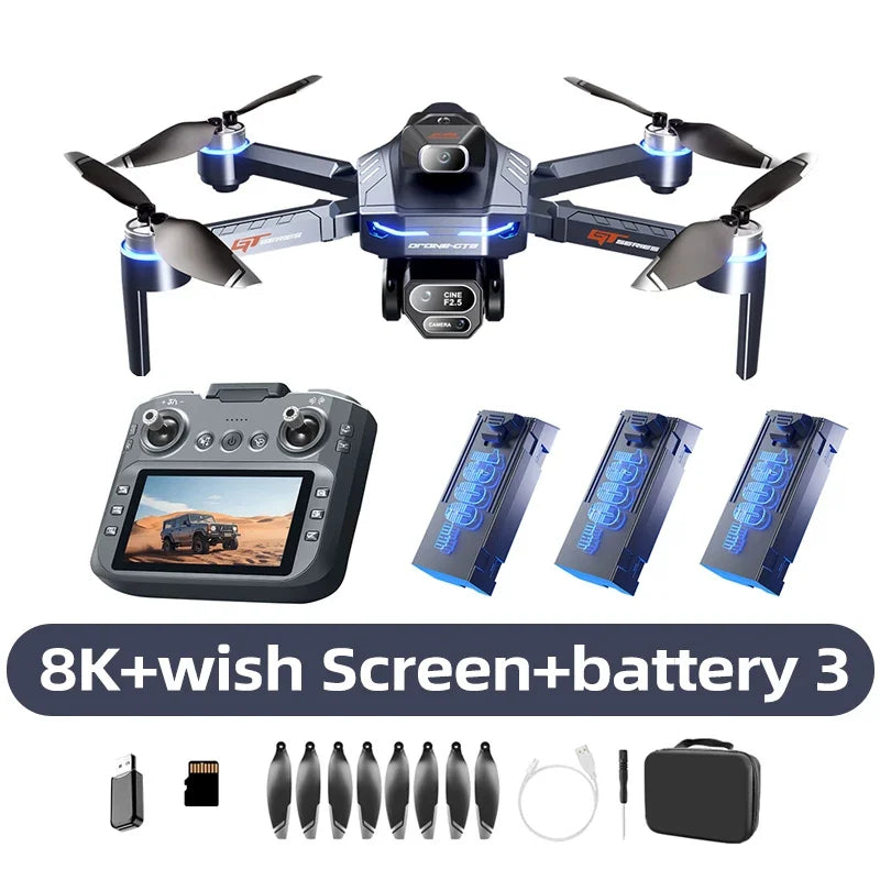 Kit de dron con pantalla en el mando, dron y 3 baterías recargables.