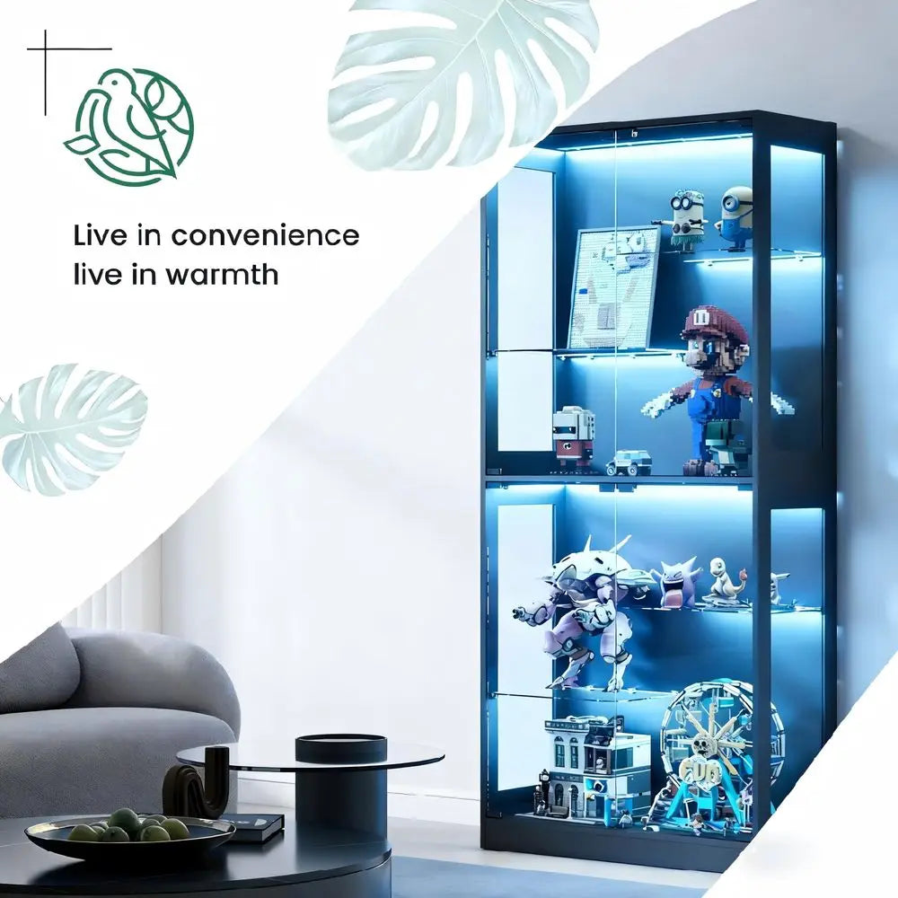 Vitrina de exhibición con puertas de cristal y luz LED azul, repisas interiores