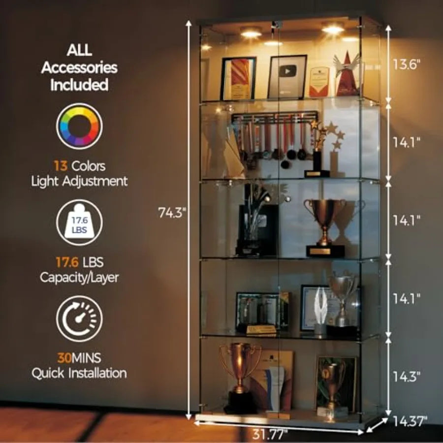 Vitrina blanca con 5 estantes de vidrio, puertas dobles y luces LED