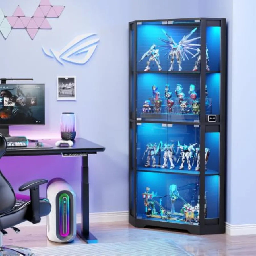 Vitrina esquinera iluminada con puertas de cristal para colecciones