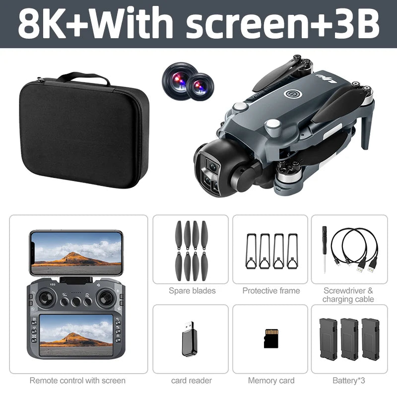 Dron plegable con cámara dual y mando con pantalla, color azul/gris; incluye estuche y 3 baterías
