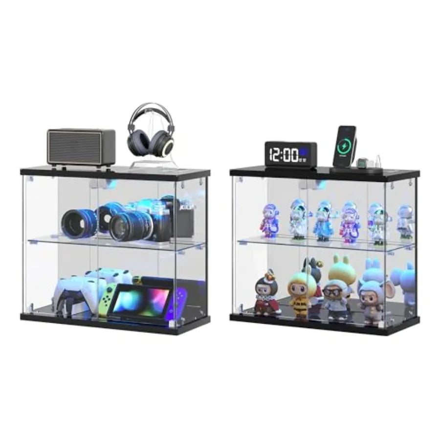 Vitrina de cristal de 2 piezas con luces LED para figuras coleccionables: cristal templado transparente, marco negro, estantes ajustables, brillo suave