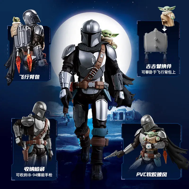 Figura de acción Mandalorian con Grogu y accesorios, armadura plateada y negra.