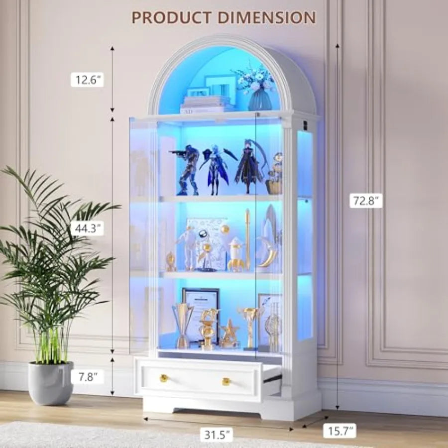 Arched display cabinet for living room, tempered glass doors, white finish, human sensor LED lights, 4-tier curio cabinet for c