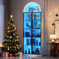 Vitrina alta con puertas de vidrio color ahumado y luces LED azules, diseño de arco