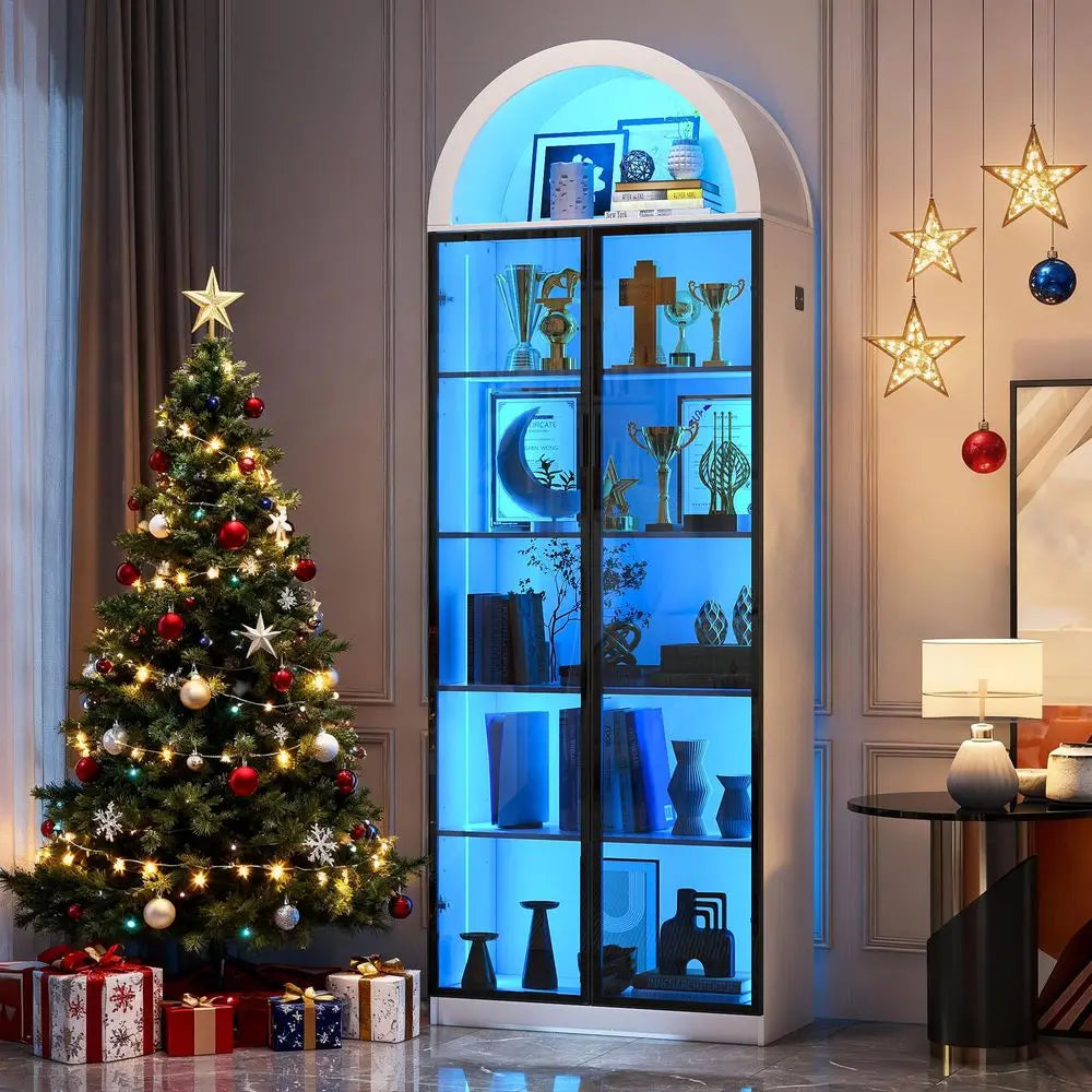 Vitrina alta con puertas de vidrio color ahumado y luces LED azules, diseño de arco