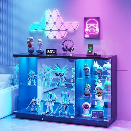 RGB Glass Display Cabinet with Lock for & Glass Shelves Collectibles, White | High Gloss Curio Cabinet Sideboard with
