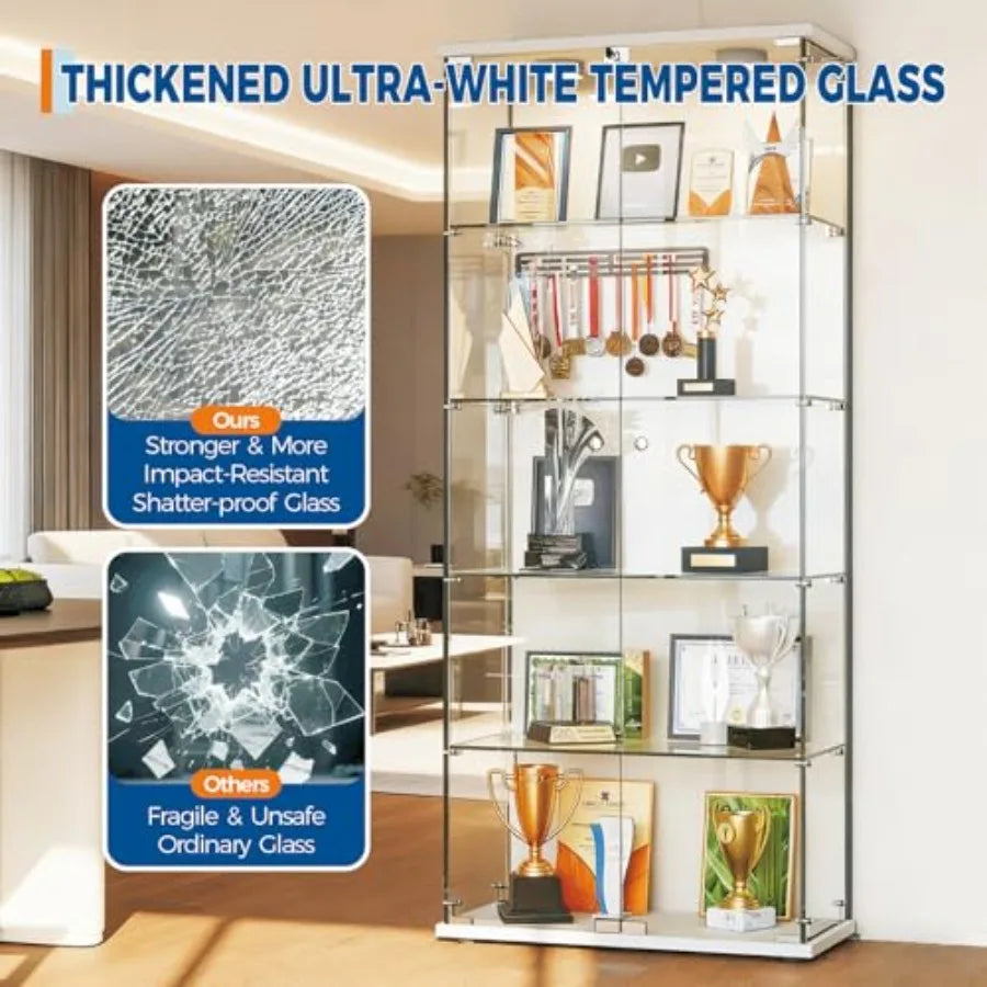 Vitrina de 5 estantes con vidrio templado grueso, puertas dobles y luz LED