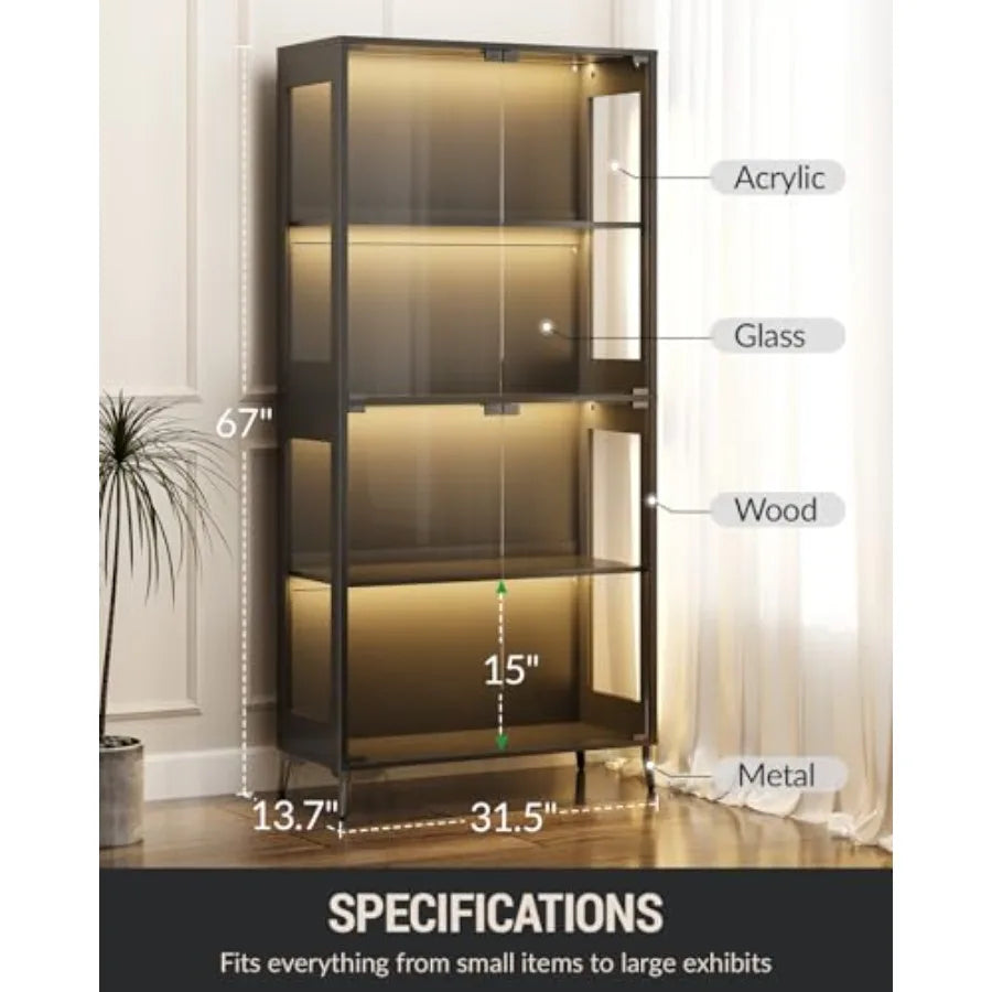 Gabinete vitrina alto con puertas de vidrio, estructura metálica y paneles transparentes