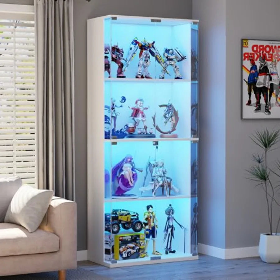 66 Glass Display Cabinet for Collectibles, Toys, Books - White Tempered Glass with 3-Color LED Lights, Lockable Storage, Motion