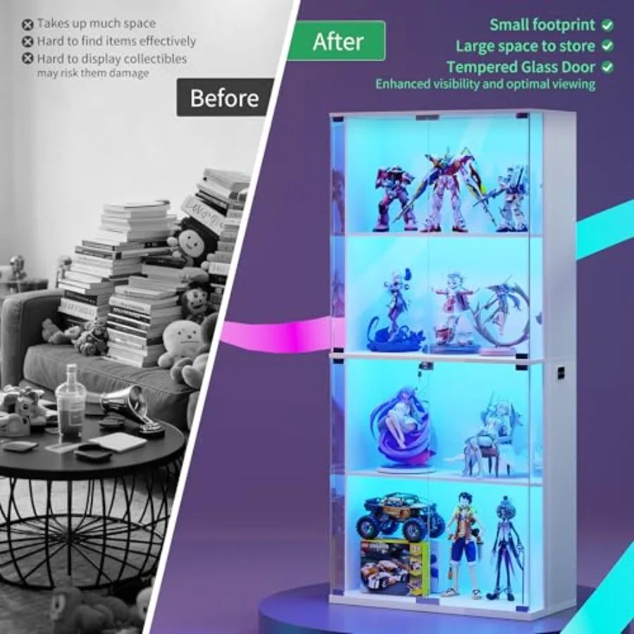 66 Glass Display Cabinet for Collectibles, Toys, Books - White Tempered Glass with 3-Color LED Lights, Lockable Storage, Motion