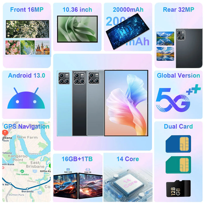 Nuevo 2026, 10.36" con sistema Android 13, procesador de 14 núcleos, 16 GB + 1 TB, batería de 20000 mAh, 5G, doble SIM, WiFi, doble cámara de 16 MP + 32 MP, uso diario versátil