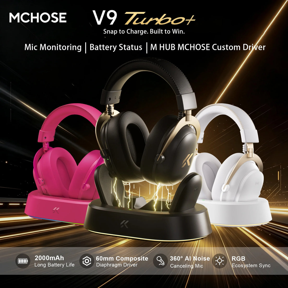 Auriculares gaming inalámbricos con copas negras y blancas en base