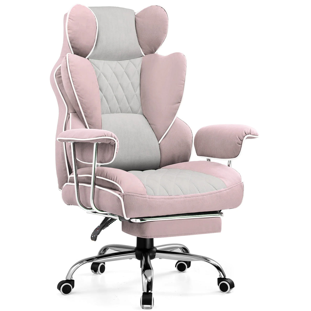 Silla gaming grande rosa y gris con reposapiés, soporte lumbar acolchado y reposacabezas