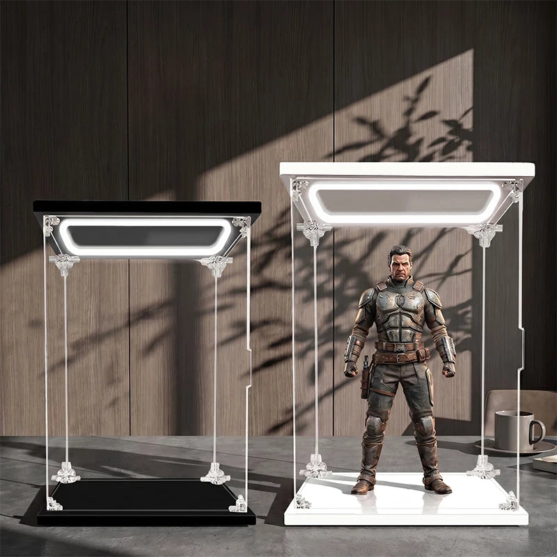 Vitrina de acrílico transparente con luz LED, caja de almacenamiento a prueba de polvo con puerta para minifiguras de Lego, figuras de acción y coleccionables