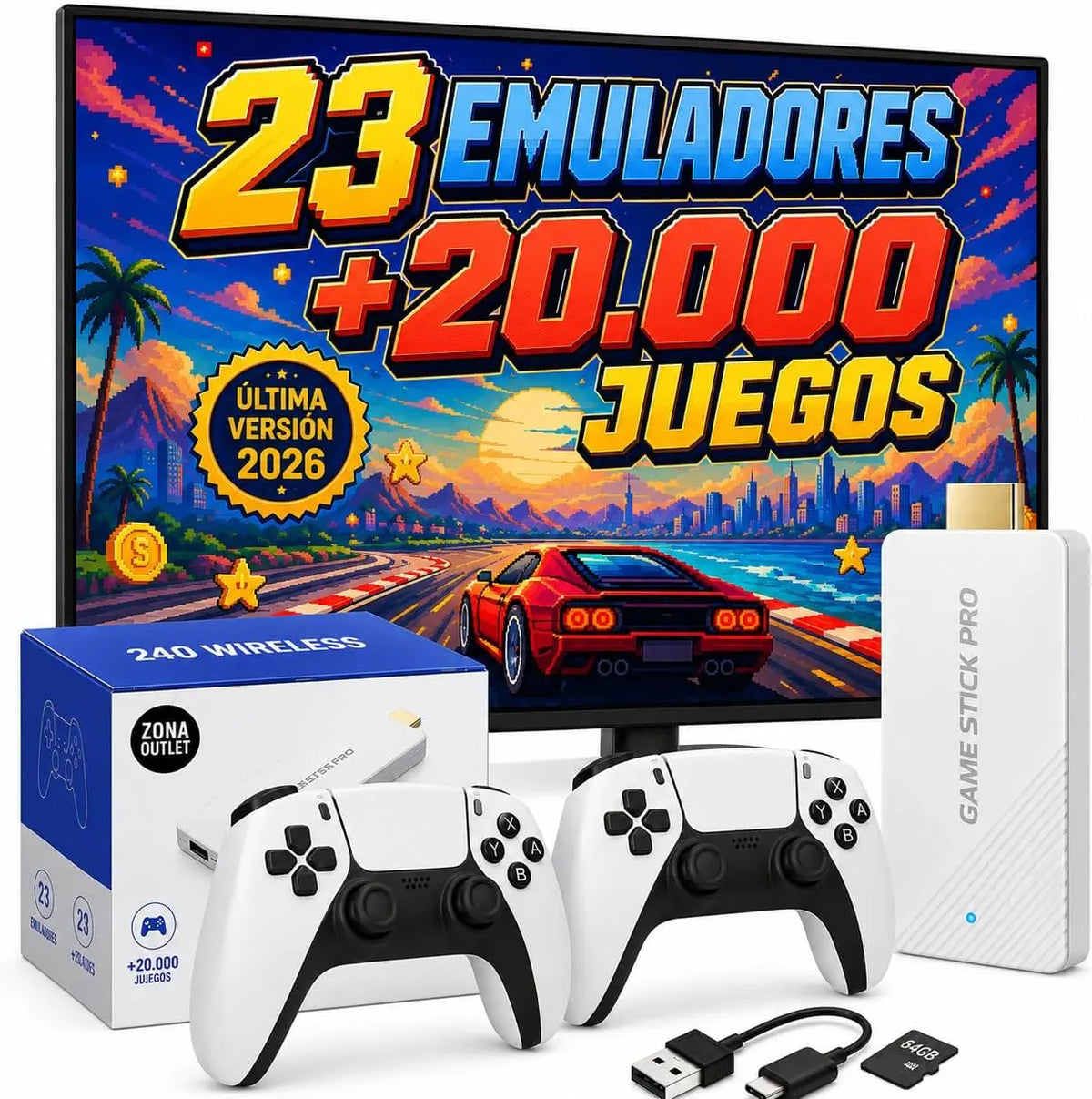 Consola Retro Pro PLUS. 2026 con 2 Controles Inalámbricos |   23 Plataformas y Miles de Títulos, 2 Controles Inalámbricos Blancos, Consola de Videojuegos Arcade, Juegos Clásicos, Conector HDMI para TV