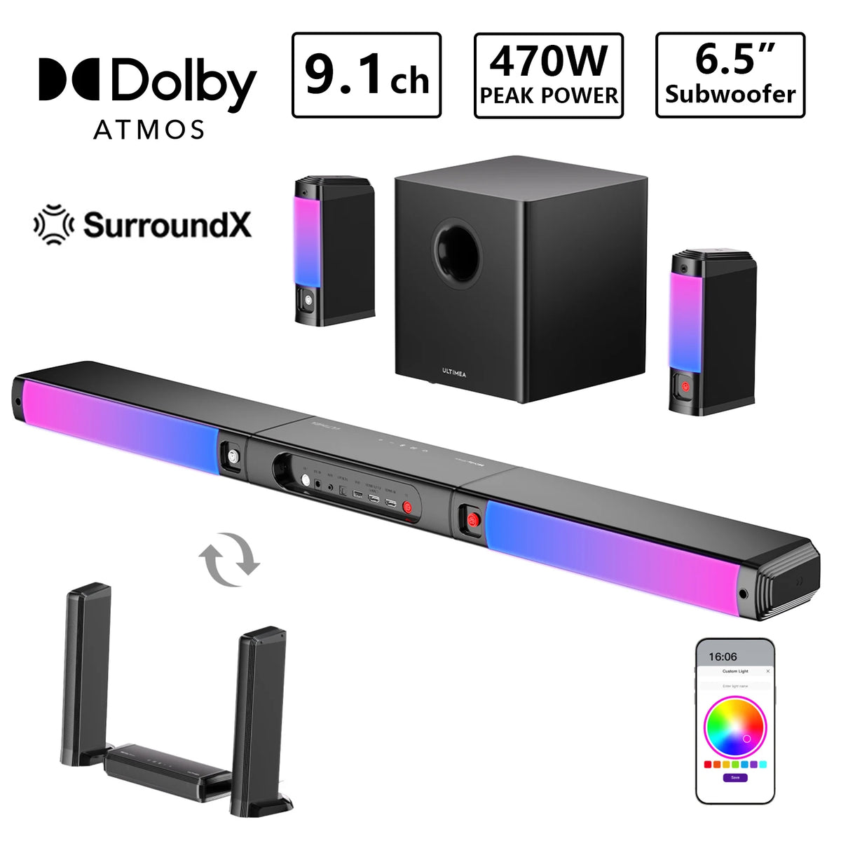 ULTIMEA Barra de Sonido Desmontable de 470W y 9.1 Canales con Dolby Atmos, Subwoofer y Altavoces Surround, Sistema de Sonido Envolvente para TV, Luz RGB