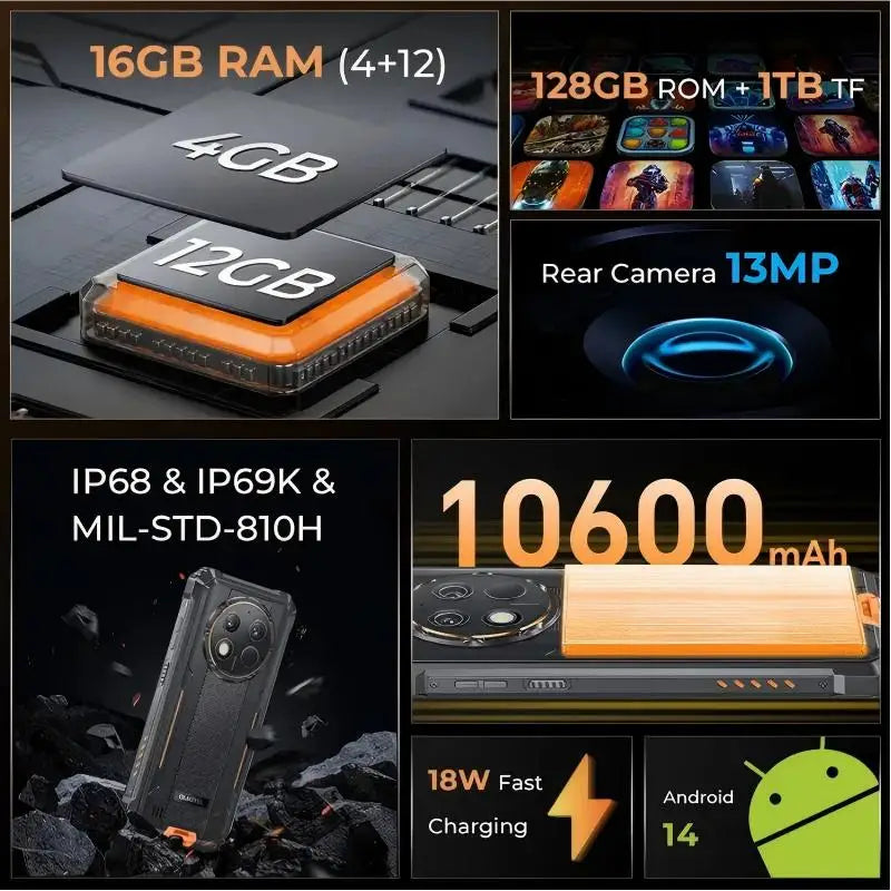 OUKITEL WP28S, teléfono resistente desbloqueado, batería de 10600 mAh, teléfono móvil con pantalla de 6,52 pulgadas, 16 GB + 128 GB de memoria ROM/TF, 1 TB, cámara de 13 MP.