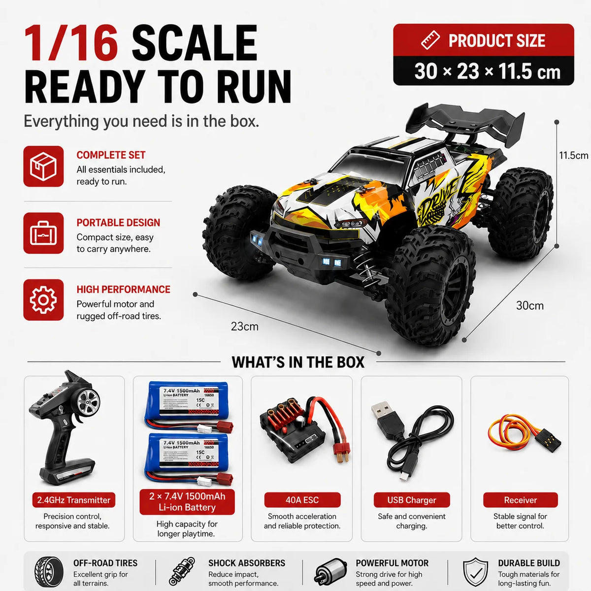 Hobby Grade 1:16 Scale Brushless RC Car 70 + MPH High Speed All Terrain Off-Road Monster Truck 2.4GHz Remote Control, 2X Rechargeable LiPo Batteries, RTR for Adults & Teens 14 + outdoor Racing Backyard, Perfect Gift for RC Ho