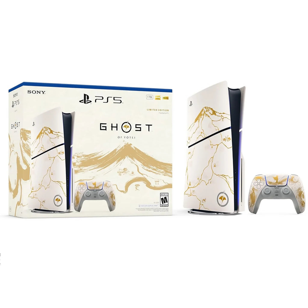 Pack con caja y consola PlayStation 5 Slim blanca con gráficos dorados y mando