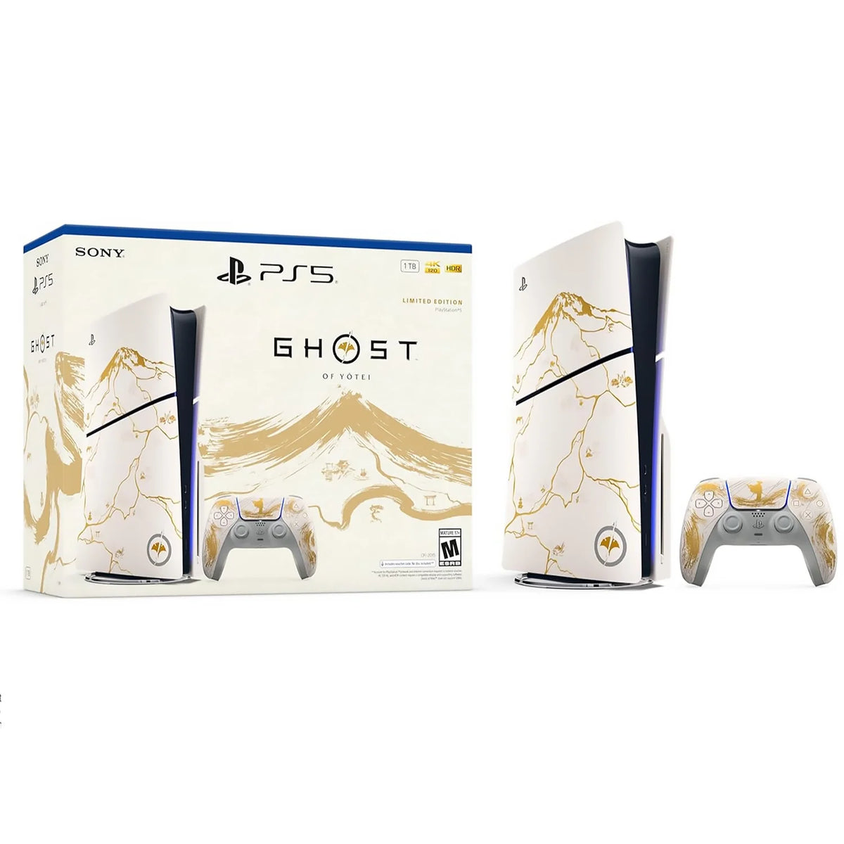 Pack con caja y consola PlayStation 5 Slim blanca con gráficos dorados y mando