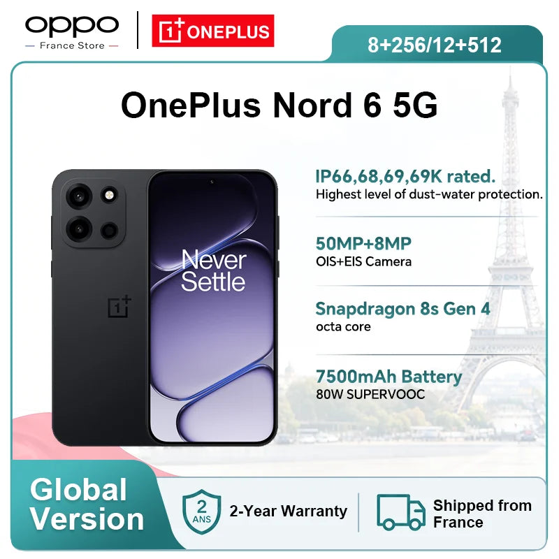 Smartphone OnePlus Nord 6 5G Versión Global 8GB+256GB 12GB+512GB Snapdragon 8s Gen 4 165Hz 7500mAh IP69/IP69K cámara de 50MP