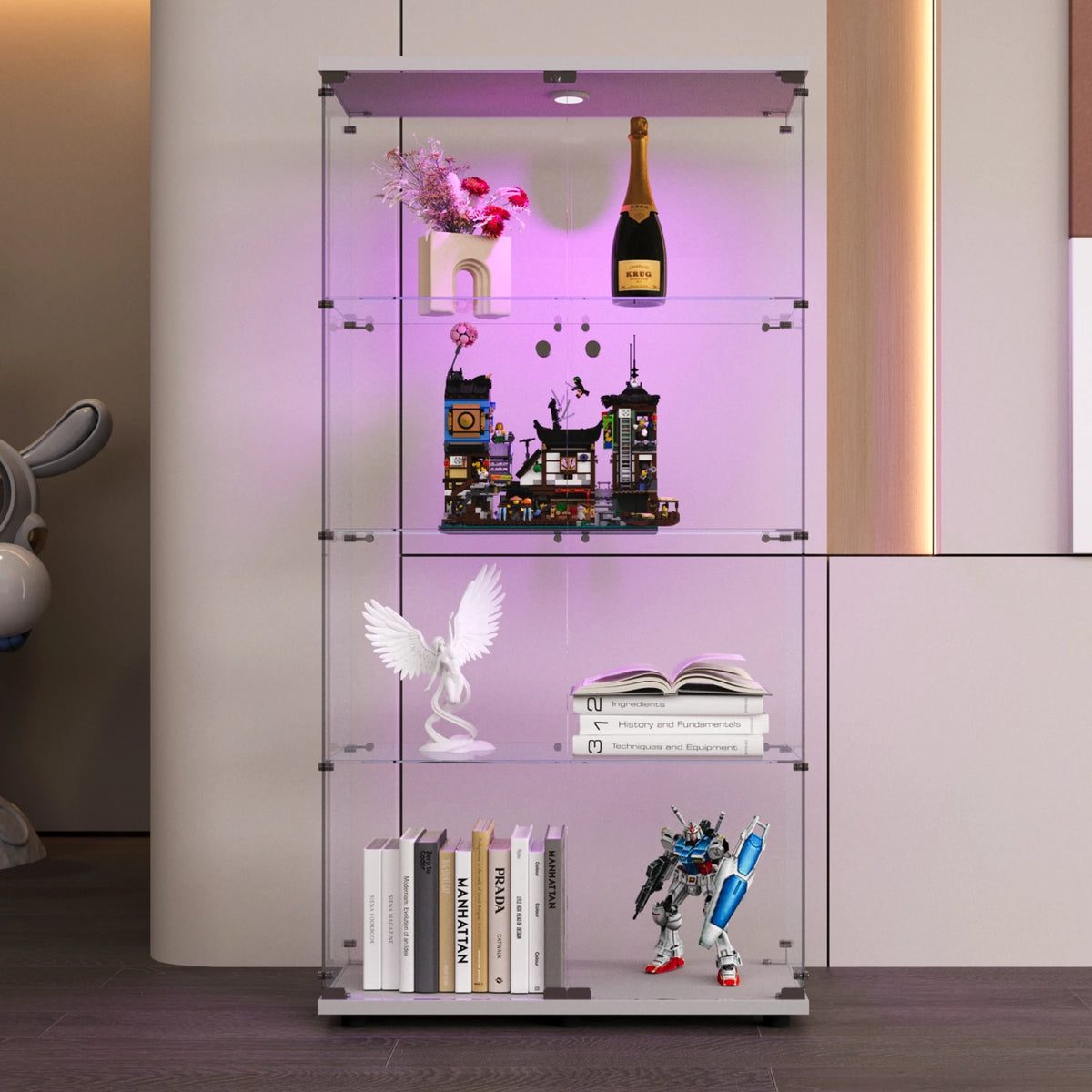 Vitrina de cristal con iluminación LED de 2 puertas, gabinete curio de 4 niveles con estantes de vidrio templado, expositor para coleccionables, figuras, vino o libros para el hogar u oficina