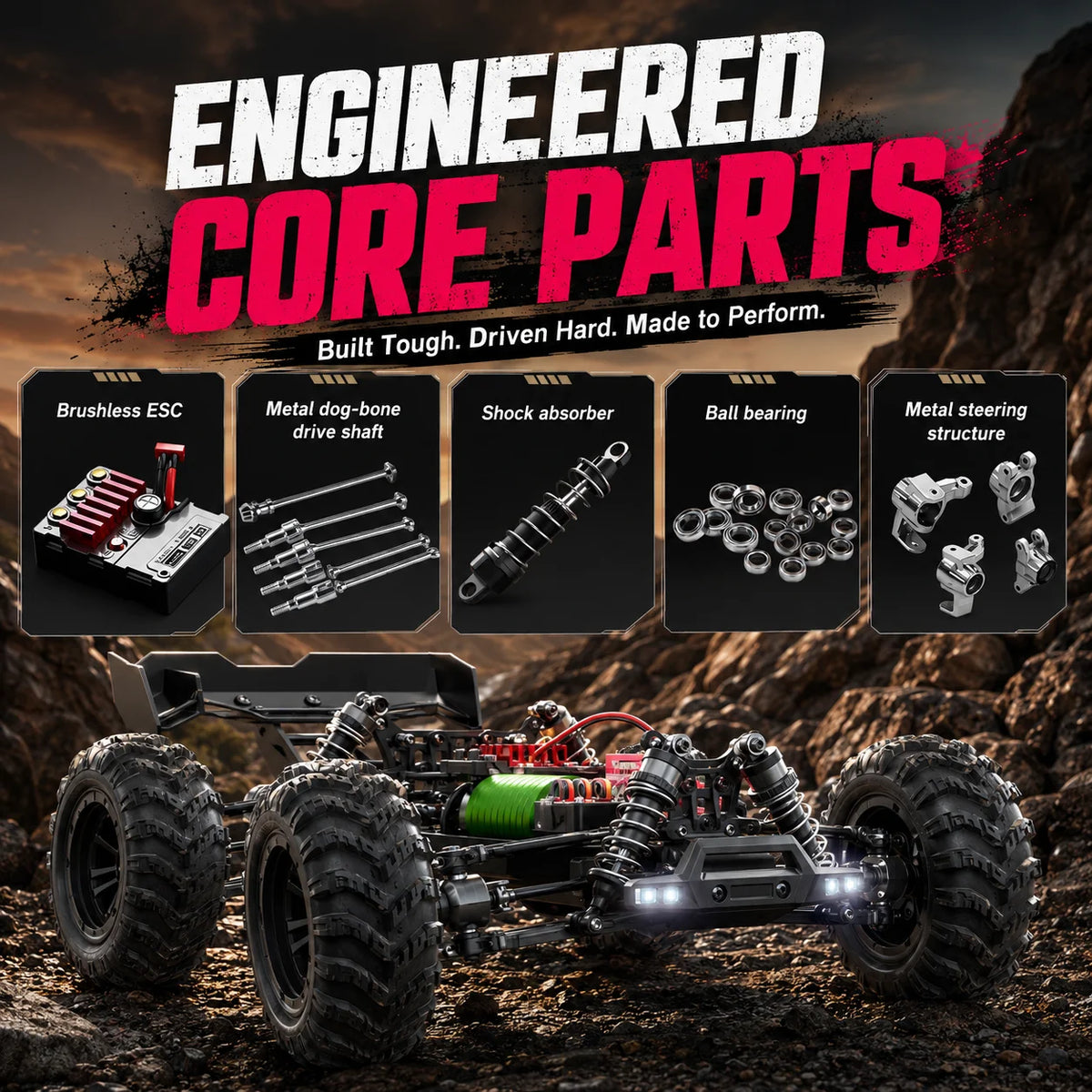 ZNLYRION Camioneta RC Todoterreno con Motor sin Escobillas 4x4, Buggy Todoterreno, Control Remoto de Precisión 2.4G con Interruptor de Luces, Neumáticos Grandes y Resistentes, Auto RC con 2 Baterías, Regalo para Amantes de