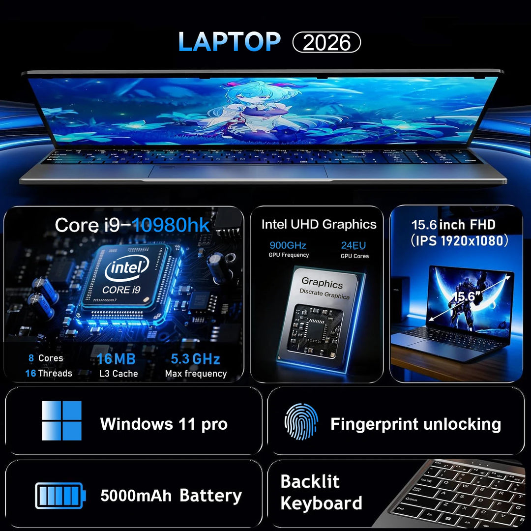 Portátil con procesador Intel Core i9 10980HK, pantalla de 15,6 pulgadas, Windows 11 Pro, ideal para oficina y juegos, 16 GB de RAM, SSD de 1 TB o 2 TB, desbloqueo por huella dactilar, resolución de 1920 x 1080, teclado ret