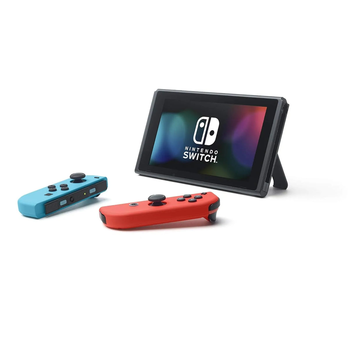 Consola Nintendo Switch con pantalla y Joy-Con azul neón y rojo neón, con mandos separados
